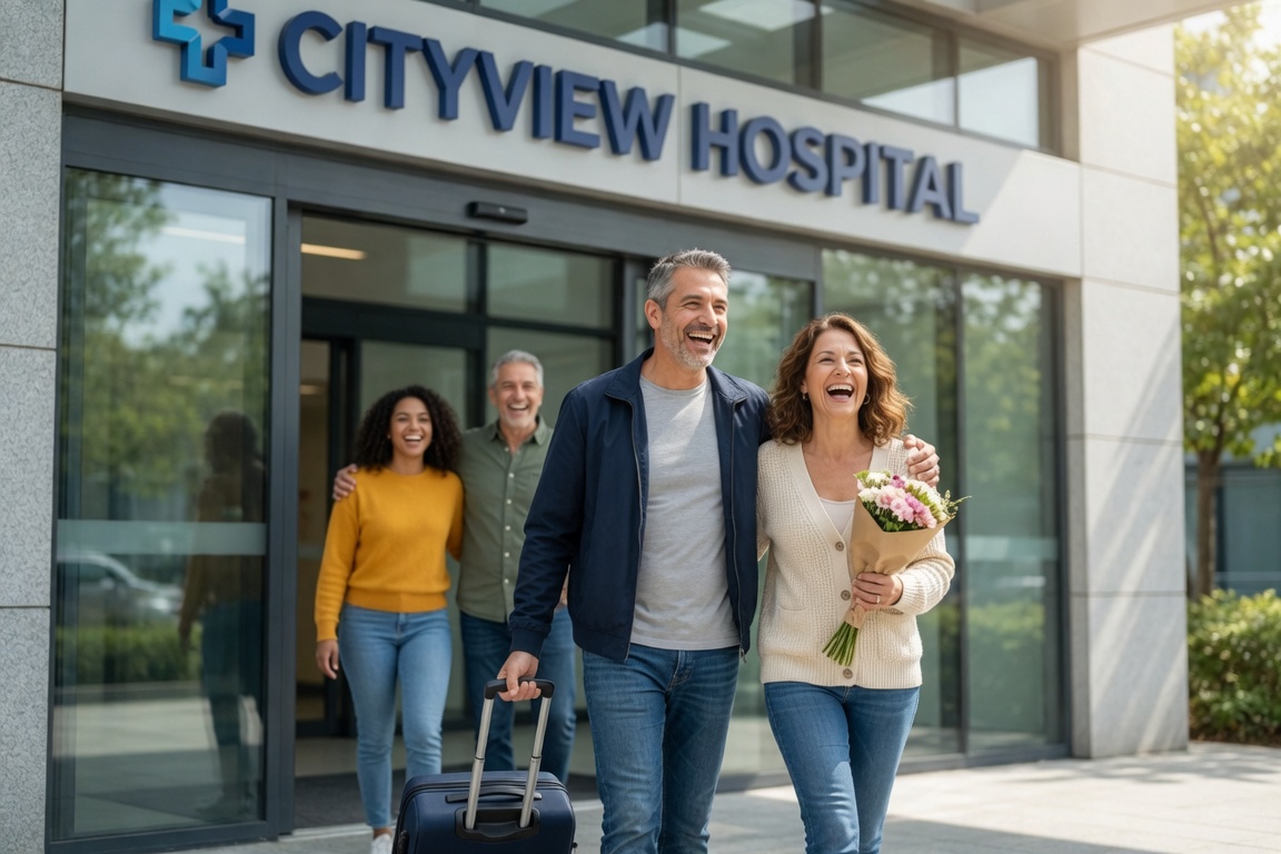 A couple leaving the hospital together, laughing, holding flowers