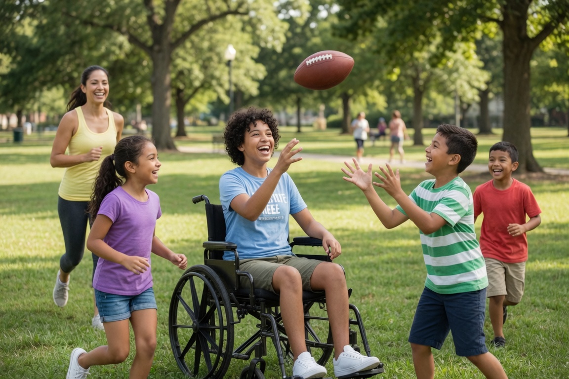 A group of kids, one using a wheelchair, playing catch together in a park