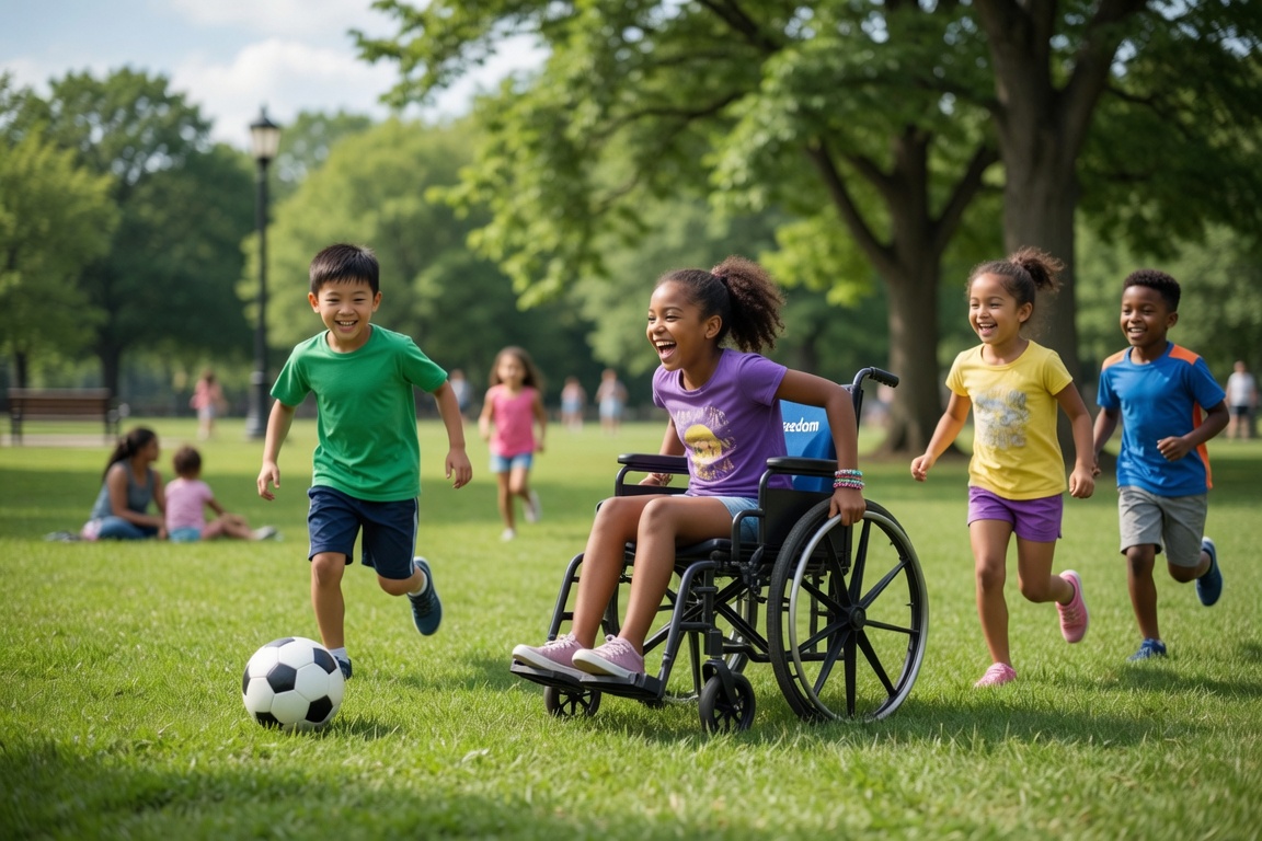 Kids of all abilities playing soccer together in a park