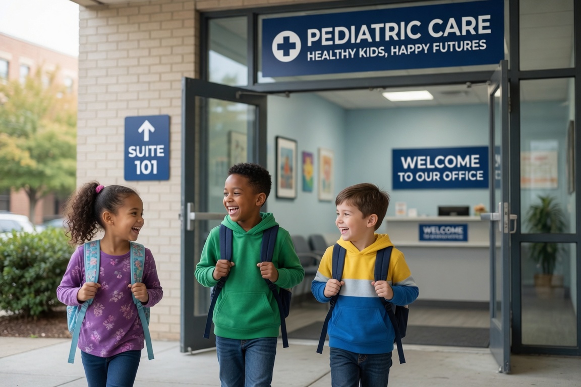 Two children smiling outside a welcoming pediatric clinic